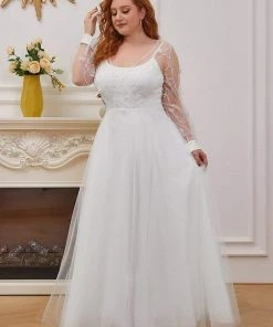 Ever-Pretty US Plus-size Sheer Bodice Long Sleeves Causal Wedding Dress SHOP BY STYLE