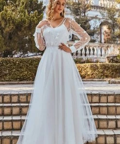 Ever-Pretty US SHOP BY STYLE Romantic Sheer Bodice Lantern Sleeve Causal Tulle Wedding Dress