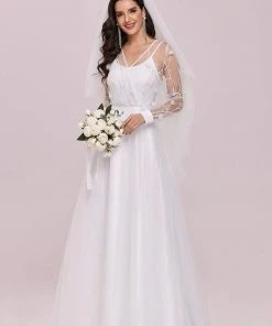 Ever-Pretty US SHOP BY STYLE Romantic Sheer Bodice Lantern Sleeve Causal Tulle Wedding Dress