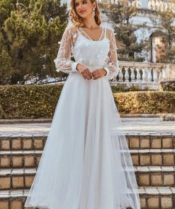 Ever-Pretty US SHOP BY STYLE Romantic Sheer Bodice Lantern Sleeve Causal Tulle Wedding Dress