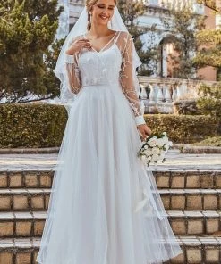 Ever-Pretty US SHOP BY STYLE Romantic Sheer Bodice Lantern Sleeve Causal Tulle Wedding Dress