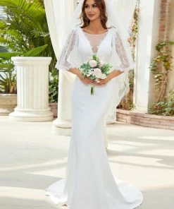 Ever-Pretty US Lace Bell Sleeve Vintage Tulle Fishtail Wedding Dress