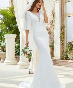 Ever-Pretty US Lace Bell Sleeve Vintage Tulle Fishtail Wedding Dress