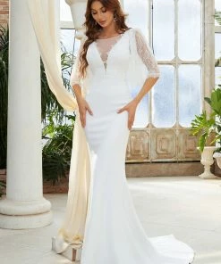 Ever-Pretty US Lace Bell Sleeve Vintage Tulle Fishtail Wedding Dress