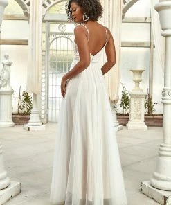 Ever-Pretty US Lace V-Neck Spaghetti Strap Empire Waist Tulle Wedding Dress Summer Dresses 2022