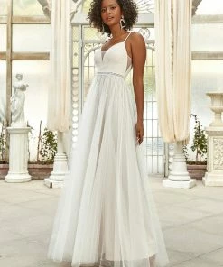 Ever-Pretty US Lace V-Neck Spaghetti Strap Empire Waist Tulle Wedding Dress Summer Dresses 2022