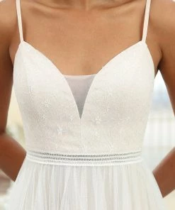 Ever-Pretty US Lace V-Neck Spaghetti Strap Empire Waist Tulle Wedding Dress Summer Dresses 2022