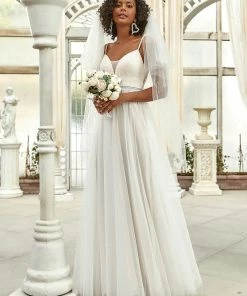 Ever-Pretty US Lace V-Neck Spaghetti Strap Empire Waist Tulle Wedding Dress Summer Dresses 2022