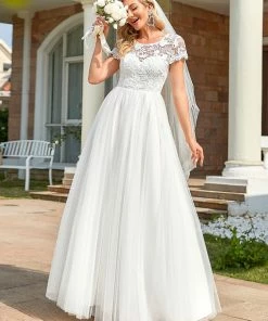 Ever-Pretty US Sweetheart Lace Cap Sleeve Empire Waist Tulle A-Line Wedding Dress