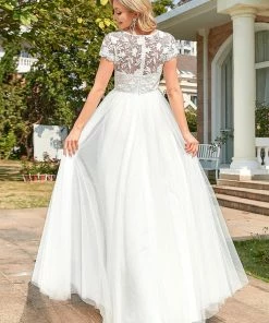 Ever-Pretty US Sweetheart Lace Cap Sleeve Empire Waist Tulle A-Line Wedding Dress