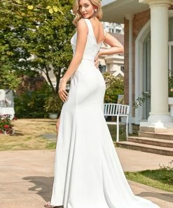 Ever-Pretty US Ruched Bodycon Deep V-Neck Sleeveless Simple Wedding Dress Summer Dresses 2022