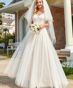 Ever-Pretty US Summer Dresses 2022 Custom Size Tulle Floral Spaghetti Strap Illusion V-Neck Wedding Dress