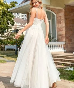 Ever-Pretty US Summer Dresses 2022 Custom Size Tulle Floral Spaghetti Strap Illusion V-Neck Wedding Dress