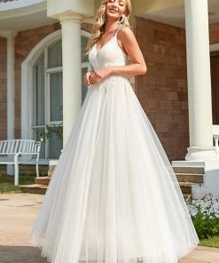 Ever-Pretty US Summer Dresses 2022 Custom Size Tulle Floral Spaghetti Strap Illusion V-Neck Wedding Dress
