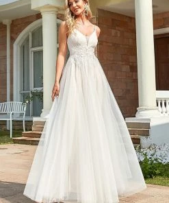 Ever-Pretty US Summer Dresses 2022 Custom Size Tulle Floral Spaghetti Strap Illusion V-Neck Wedding Dress