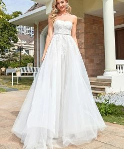 Ever-Pretty US Lace Sweetheart Strapless Tulle Belted A-line Wedding Dress