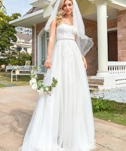 Ever-Pretty US Lace Sweetheart Strapless Tulle Belted A-line Wedding Dress
