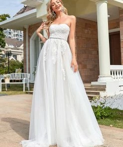 Ever-Pretty US Lace Sweetheart Strapless Tulle Belted A-line Wedding Dress