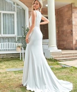 Ever-Pretty US Sleeveless Floral Lace High Neck Side Slit Casual Wedding Dress Summer Dresses 2022