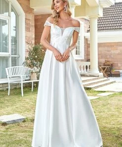 Ever-Pretty US Floral Off Shoulder Illusion V-Neckline Pleated Satin Wedding Dress Summer Dresses 2022