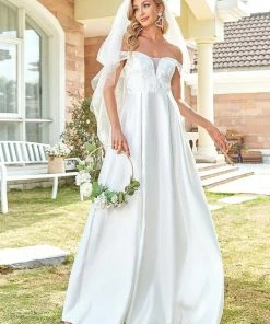 Ever-Pretty US Floral Off Shoulder Illusion V-Neckline Pleated Satin Wedding Dress Summer Dresses 2022