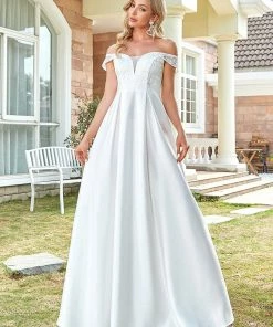 Ever-Pretty US Floral Off Shoulder Illusion V-Neckline Pleated Satin Wedding Dress Summer Dresses 2022