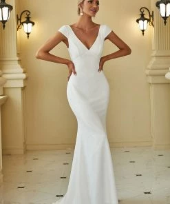 Ever-Pretty US Cap Sleeve Deep V-Neck Backless Fishtail Wedding Dress Summer Dresses 2022