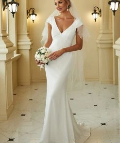 Ever-Pretty US Cap Sleeve Deep V-Neck Backless Fishtail Wedding Dress Summer Dresses 2022