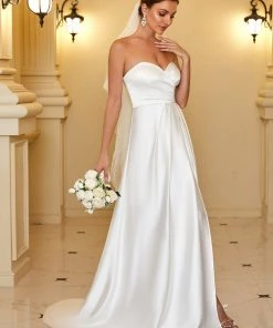Ever-Pretty US Satin Pleated Sweetheart Sleeveless Front Slit Wedding Dress Summer Dresses 2022