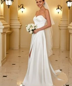 Ever-Pretty US Satin Pleated Sweetheart Sleeveless Front Slit Wedding Dress Summer Dresses 2022