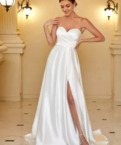 Ever-Pretty US Satin Pleated Sweetheart Sleeveless Front Slit Wedding Dress Summer Dresses 2022