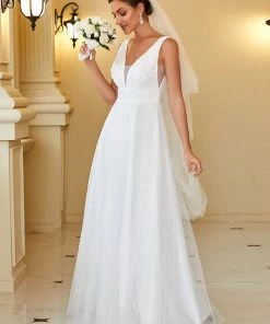 Ever-Pretty US Summer Dresses 2022 Floral Applique A-Line Backless Sleeveless Tulle Wedding Dress