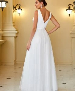 Ever-Pretty US Summer Dresses 2022 Floral Applique A-Line Backless Sleeveless Tulle Wedding Dress
