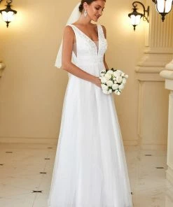 Ever-Pretty US Summer Dresses 2022 Floral Applique A-Line Backless Sleeveless Tulle Wedding Dress