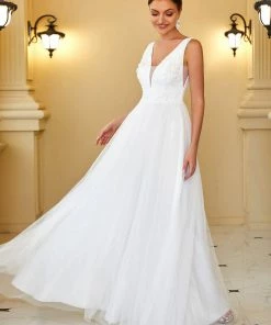 Ever-Pretty US Summer Dresses 2022 Floral Applique A-Line Backless Sleeveless Tulle Wedding Dress