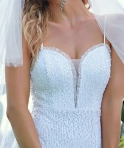 Ever-Pretty US Summer Dresses 2022 Stunning V-Neck Paillette Fishtail Hem White Wedding Dress