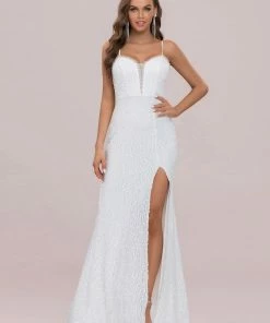 Ever-Pretty US Summer Dresses 2022 Stunning V-Neck Paillette Fishtail Hem White Wedding Dress