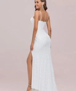 Ever-Pretty US Summer Dresses 2022 Stunning V-Neck Paillette Fishtail Hem White Wedding Dress
