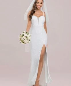 Ever-Pretty US Summer Dresses 2022 Stunning V-Neck Paillette Fishtail Hem White Wedding Dress