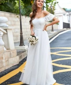 Ever-Pretty US Lace Off-Shoulder Short-Sleeve A-Line Wedding Dress