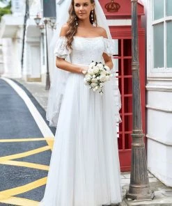 Ever-Pretty US Lace Off-Shoulder Short-Sleeve A-Line Wedding Dress