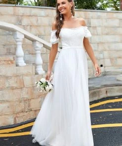 Ever-Pretty US Lace Off-Shoulder Short-Sleeve A-Line Wedding Dress