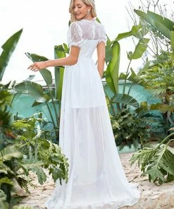 Ever-Pretty US Summer Dresses 2022 Short Sleeve Floral Lace Sheer Vintage Wedding Dress