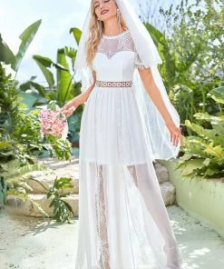 Ever-Pretty US Summer Dresses 2022 Short Sleeve Floral Lace Sheer Vintage Wedding Dress