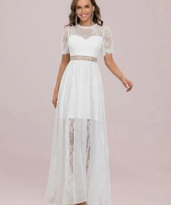 Ever-Pretty US Summer Dresses 2022 Short Sleeve Floral Lace Sheer Vintage Wedding Dress