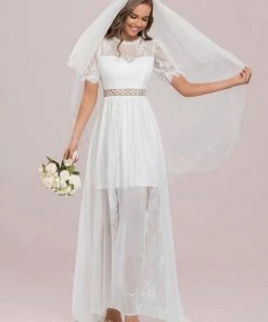 Ever-Pretty US Summer Dresses 2022 Short Sleeve Floral Lace Sheer Vintage Wedding Dress