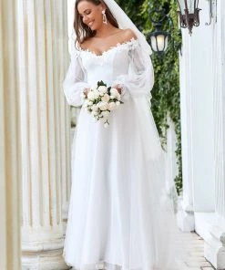 Ever-Pretty US Custom Size Embroidered Lantern Sleeve Off The Shoulder Maxi Wedding Dress White Dresses