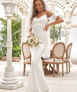 Ever-Pretty US Bodycon Cold Shoulder V-Neck Fishtail Simple Wedding Dress