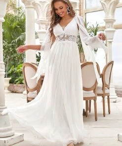 Ever-Pretty US Custom Size Cape Sleeves Lace Floral V-Neck Maxi Wedding Dress White Dresses