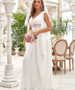Ever-Pretty US Custom Size Cape Sleeves Lace Floral V-Neck Maxi Wedding Dress White Dresses